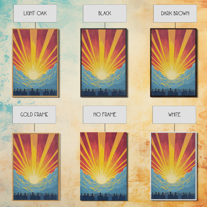 Radiant Sunrise Over Crowd Silhouette Canvas Print, Retro Sci Fi Wall Art, Inspirational Sun Poster, Colorful Home Decor