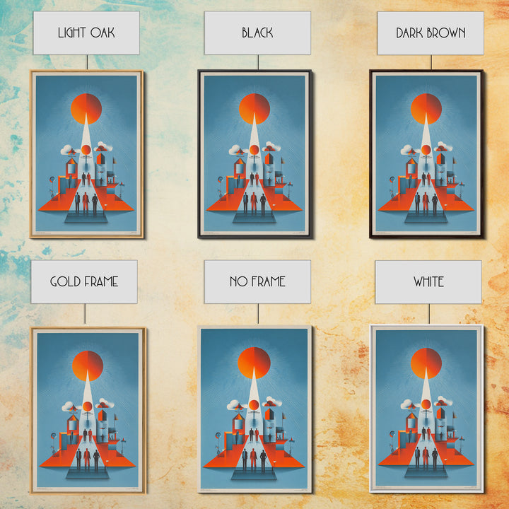 Futuristic Orange Sun City Wall Art, Midcentury Modern Art Print, Retro Geometric Poster, MCM Living Room Decor, Bold Blue Orange