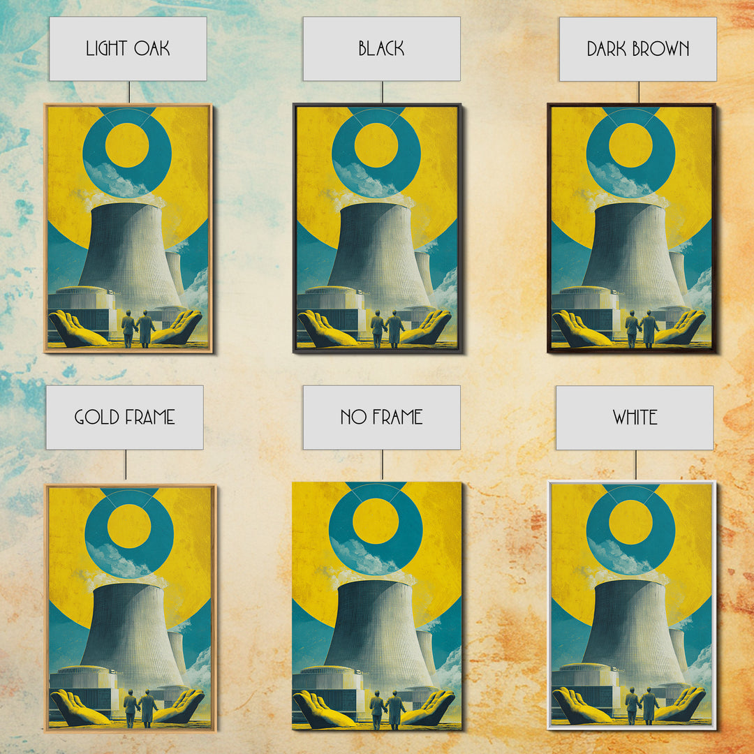 Nuclear Cooling Tower In Giant Hands Canvas Print, Retro Futurist Wall Decor, Yellow Teal Industrial Modern Art, MCM Poster