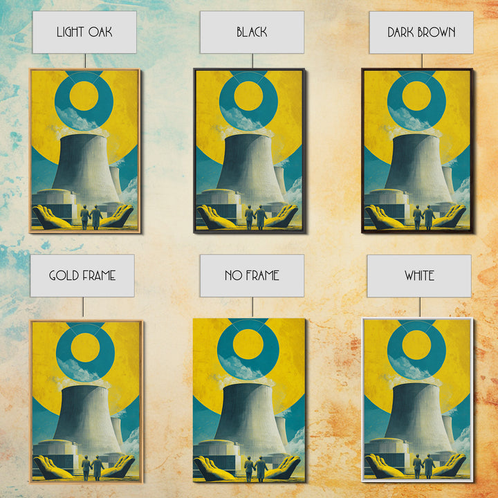 Nuclear Cooling Tower In Giant Hands Canvas Print, Retro Futurist Wall Decor, Yellow Teal Industrial Modern Art, MCM Poster