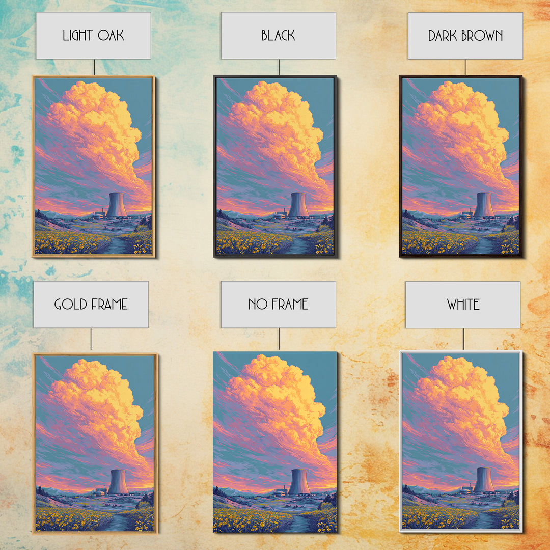 Pastel Nuclear Plant With Flower Field Wall Art, Scenic Landscape Poster, Colorful Modern Home Decor, Retro Art Print, Gift