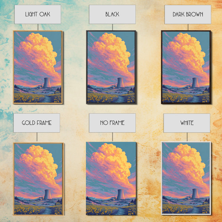 Pastel Nuclear Plant With Flower Field Wall Art, Scenic Landscape Poster, Colorful Modern Home Decor, Retro Art Print, Gift