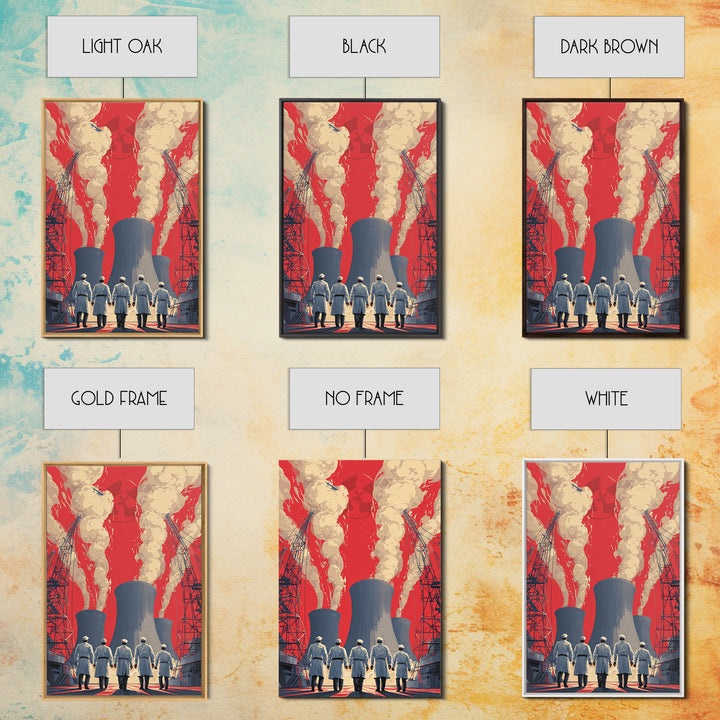 Nuclear Plant Workers Under Red Sky Framed Canvas Print, Industrial Wall Art, Retro Sci Fi Poster, Bold Statement Home Decor