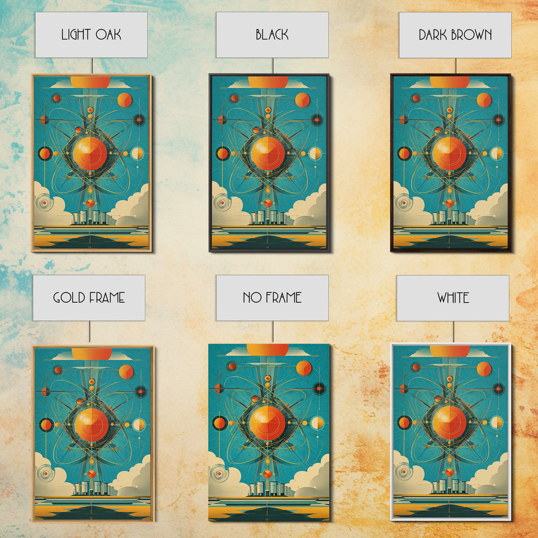 Atomic Orange Sun Orbit Wall Art, Midcentury Modern Abstract Space Poster, Teal Retro Geometric Decor, MCM Canvas Gift, Home Decor