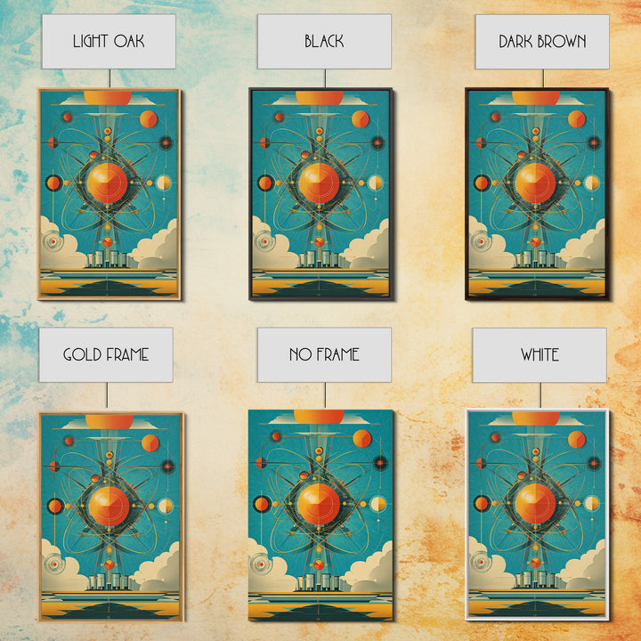 Atomic Orange Sun Orbit Wall Art, Midcentury Modern Abstract Space Poster, Teal Retro Geometric Decor, MCM Canvas Gift, Home Decor