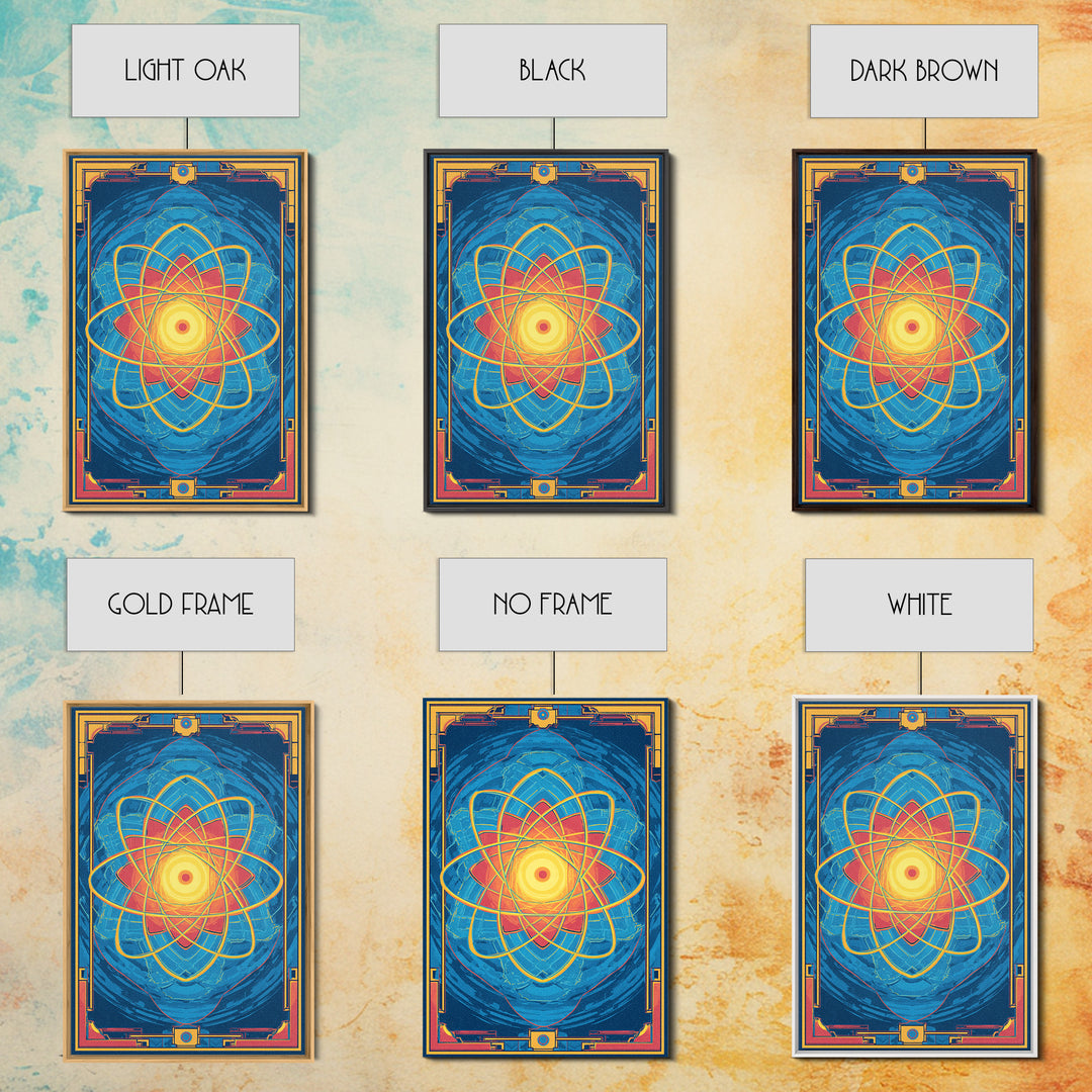 Radiant Atomic Mandala Framed Canvas Print, Midcentury Modern Art, Blue Geometric Wall Decor, Retro Sci Fi Home Poster Gift