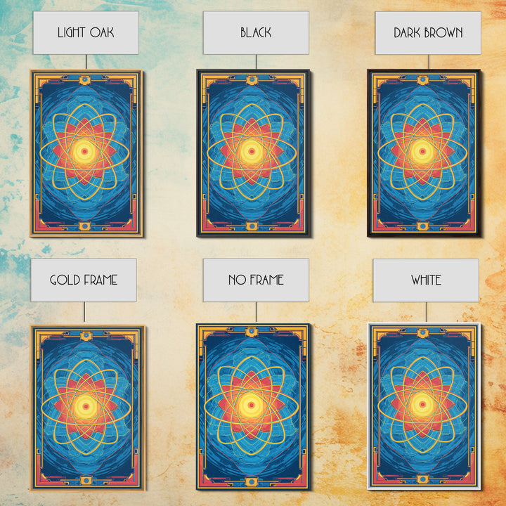 Radiant Atomic Mandala Framed Canvas Print, Midcentury Modern Art, Blue Geometric Wall Decor, Retro Sci Fi Home Poster Gift