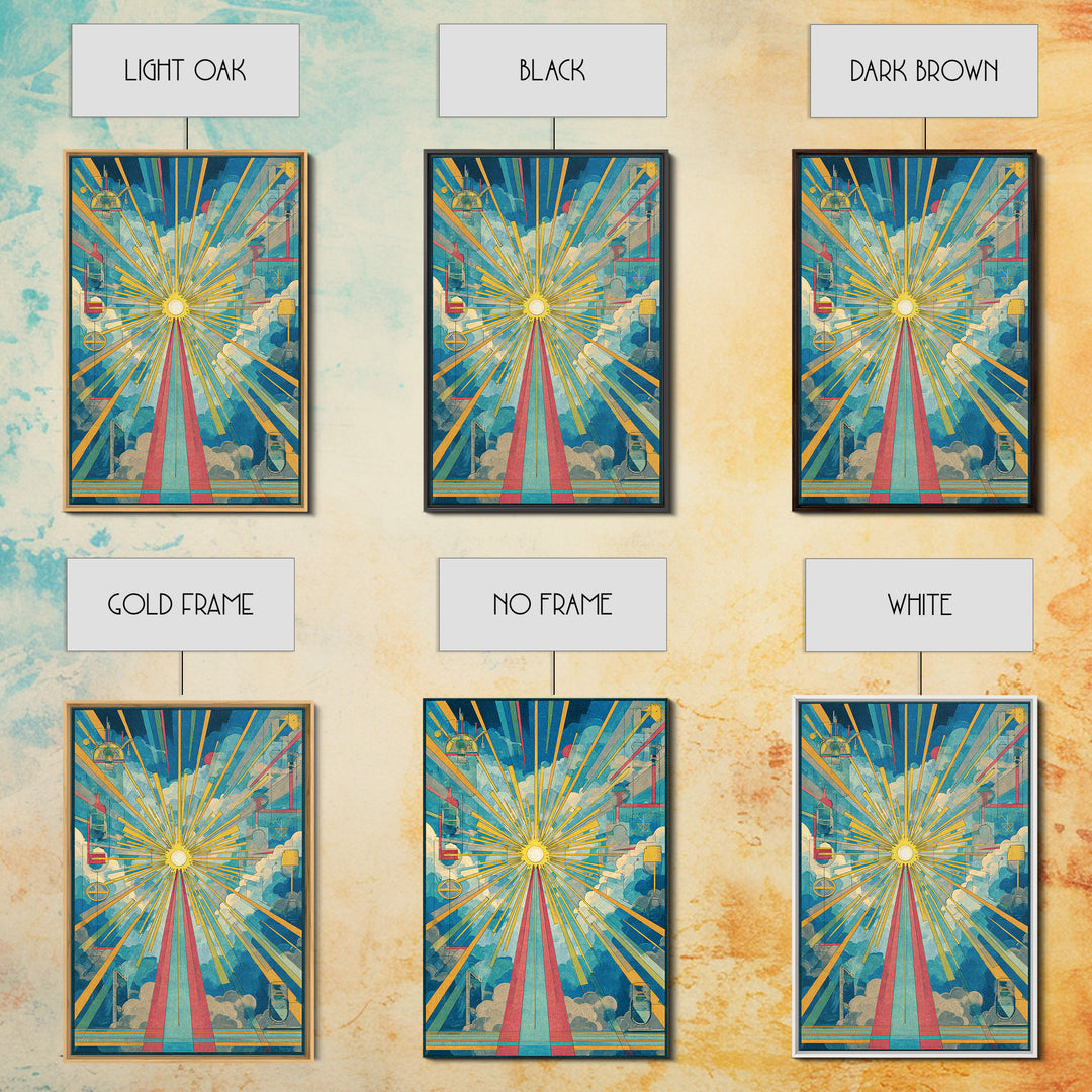 Radiant Cloud Cathedral Canvas Print, Midcentury Modern Sun Rays Poster, Colorful Geometric Sky Wall Art, Retro Home Decor
