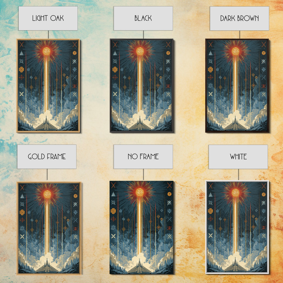 Mystic Rocket Launch Wall Art, Midcentury Modern Space Poster, Celestial Sunburst Landscape, Retro Sci Fi Office Decor Print