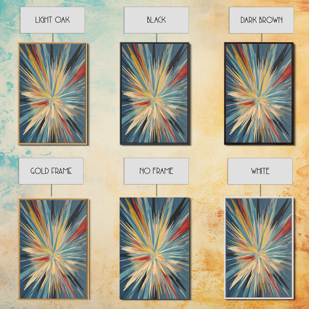 Exploding Abstract Starburst Canvas Print, Modern Wall Art, Colorful Geometric Poster, Blue Red Yellow Midcentury Decor Gift