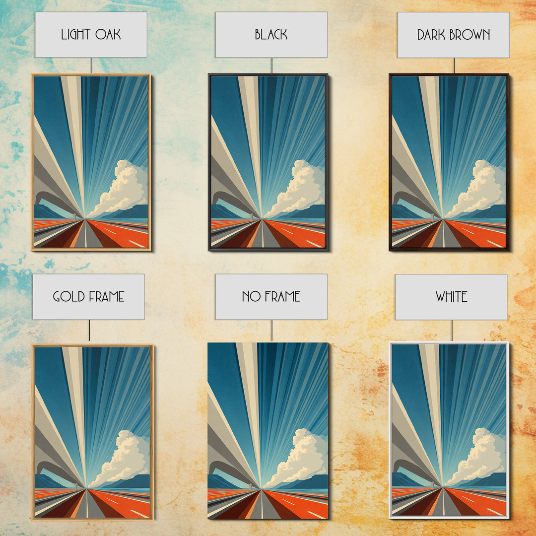 Orange Coastal Highway Perspective Canvas Print, Retro Modern Poster, Architectural Art, Blue Wall Art, Travel Office Decor