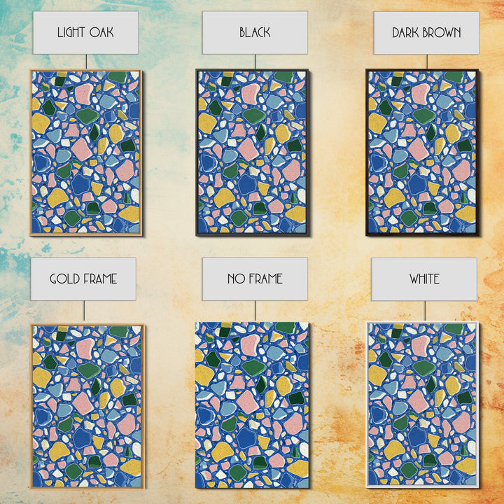 Blue Pebble Terrazzo Mosaic Pattern Canvas Print, Midcentury Modern Wall Art, Colorful Abstract Geometric Home Decor Poster Gift