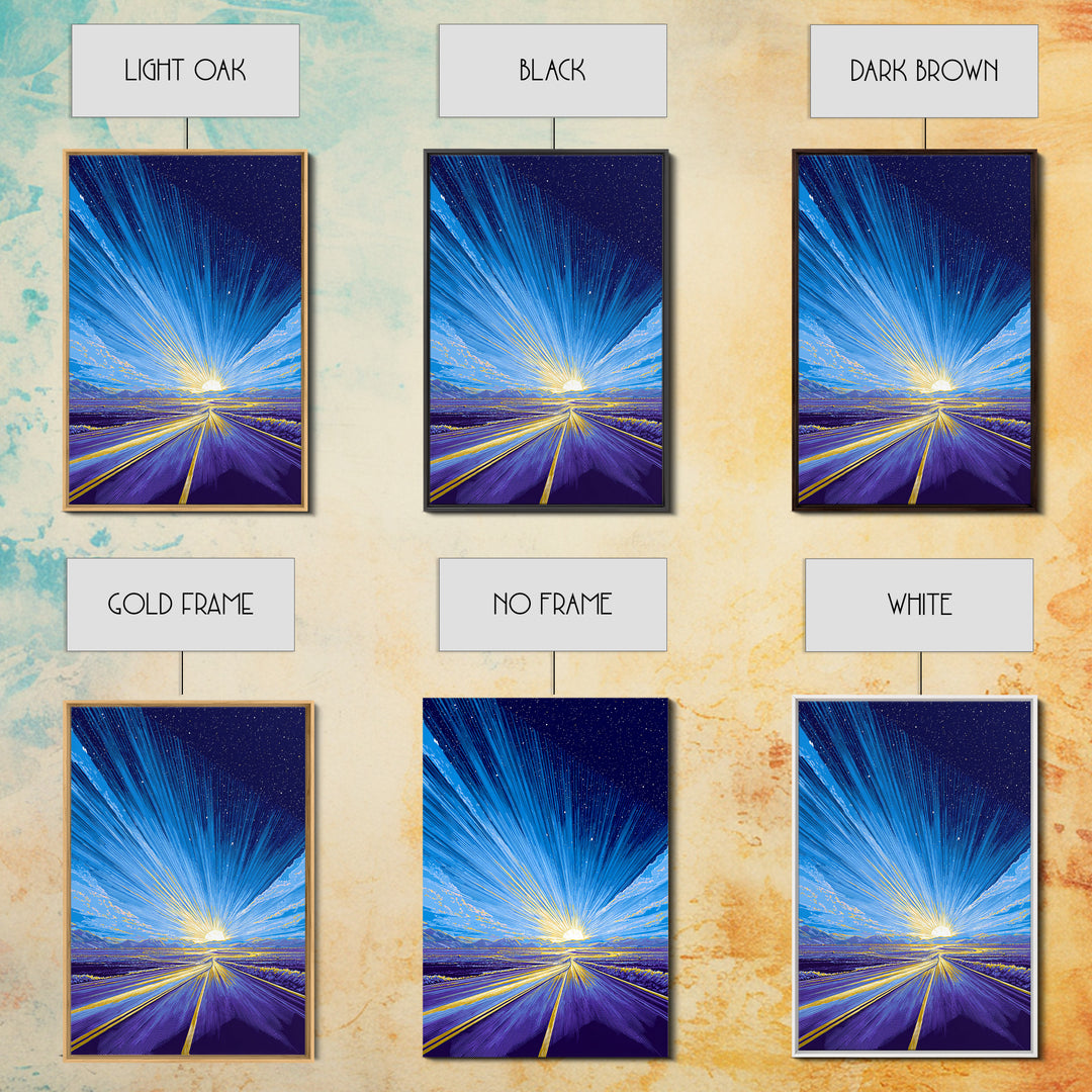 Radiant Starry Sunrise Road Wall Art, Modern Digital Art, Retro Sci Fi Poster, Blue Landscape Print, Large Living Room Decor