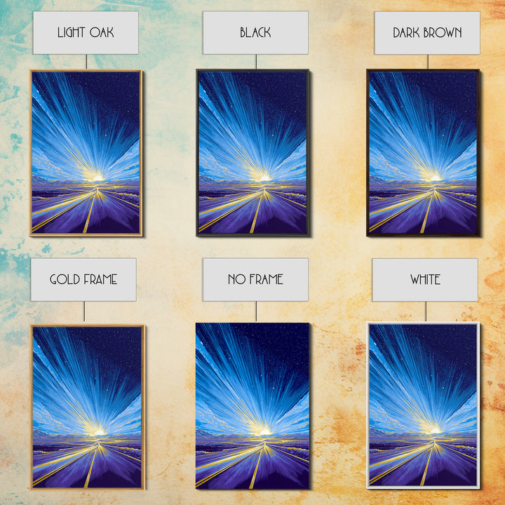 Radiant Starry Sunrise Road Wall Art, Modern Digital Art, Retro Sci Fi Poster, Blue Landscape Print, Large Living Room Decor