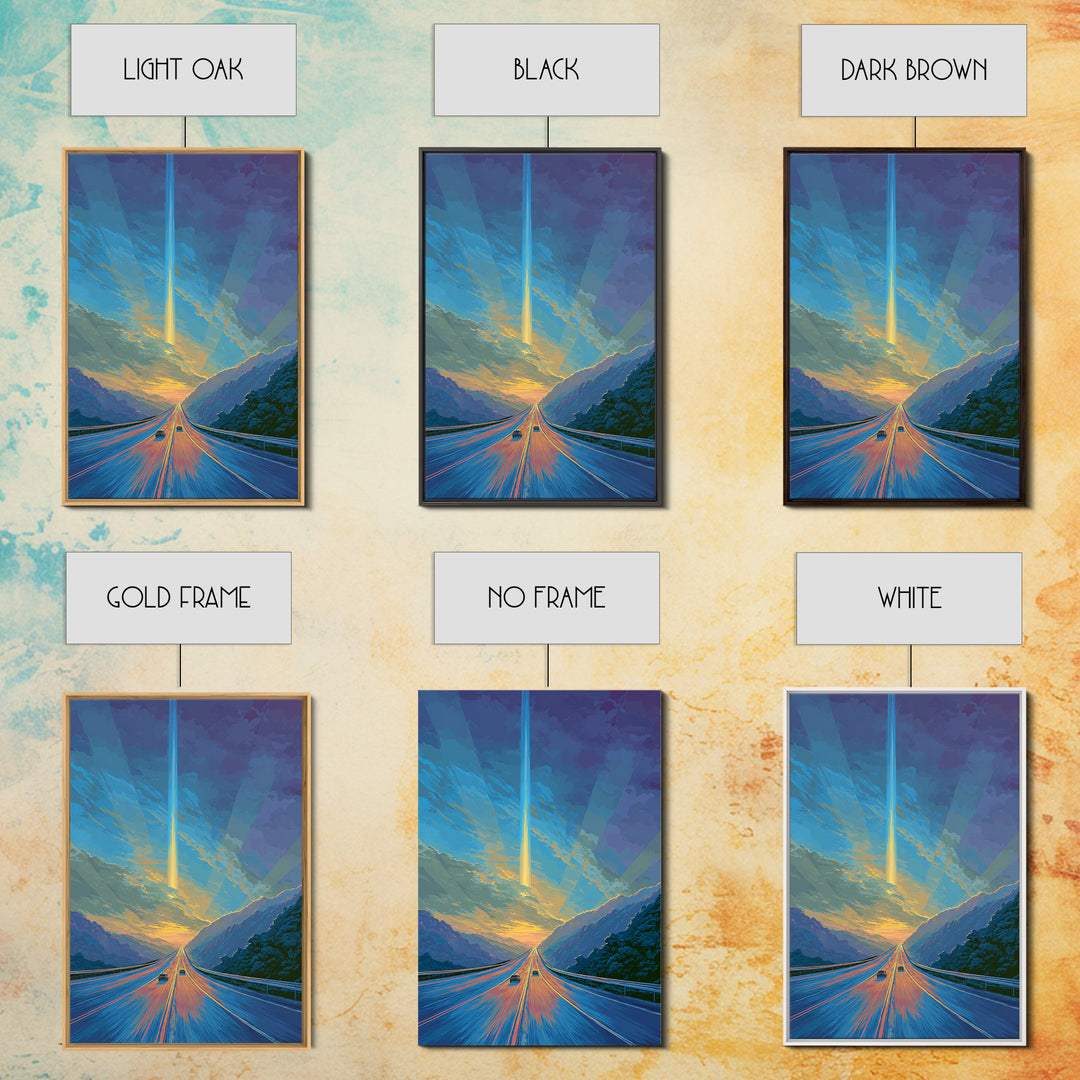 Mountain Highway Sunset Beam Canvas Print, Scenic Travel Wall Art, Modern Digital Art, Blue Orange Landscape Office Decor