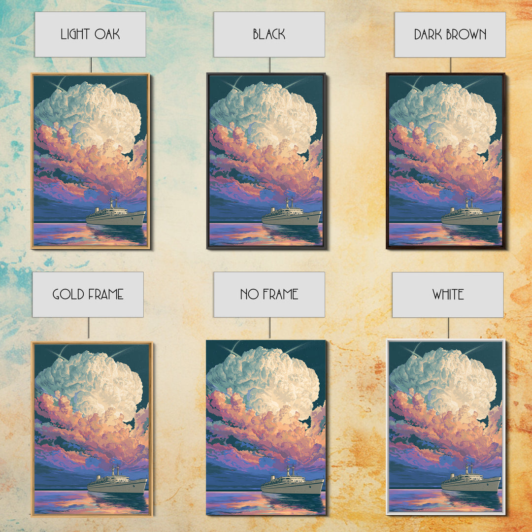 Ocean Liner Under Pastel Cloudscape Wall Art, Modern Art Print, Scenic Sunset Poster, Coastal Home Decor, Living Room Art