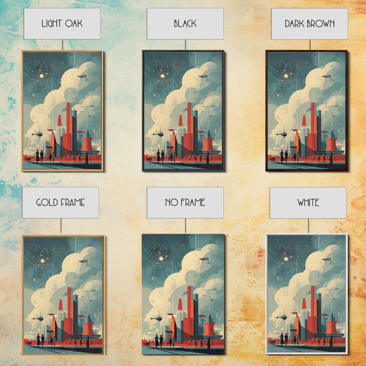 Retro Futuristic City With Red Towers Canvas Print, Mid Century Modern Wall Art, Atomic Sci Fi Poster, Geometric Home Decor