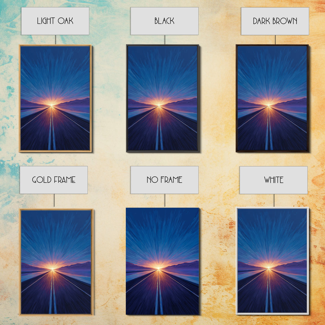 Blue Lakeside Sunset Road Canvas Print, Modern Wall Art, Scenic Travel Poster, Large Abstract Art, Bedroom Home Decor Gift