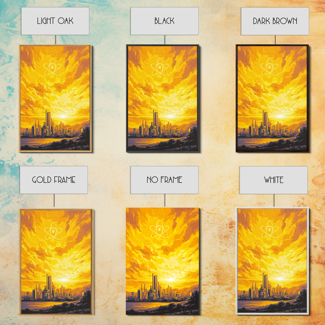 Golden Atomic Skyline At Sunset Framed Canvas Print, Mid Century Modern Wall Art, Yellow Poster, Retro Futuristic City Decor