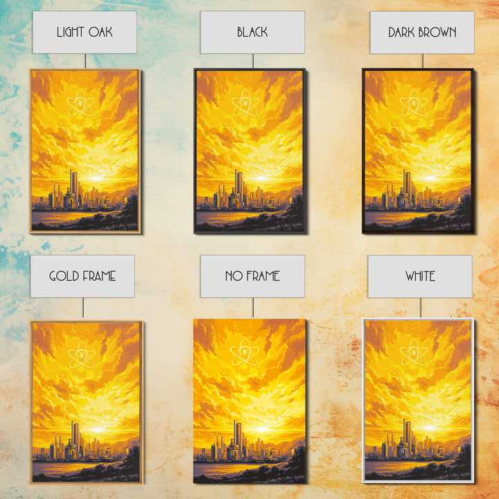 Golden Atomic Skyline At Sunset Framed Canvas Print, Mid Century Modern Wall Art, Yellow Poster, Retro Futuristic City Decor