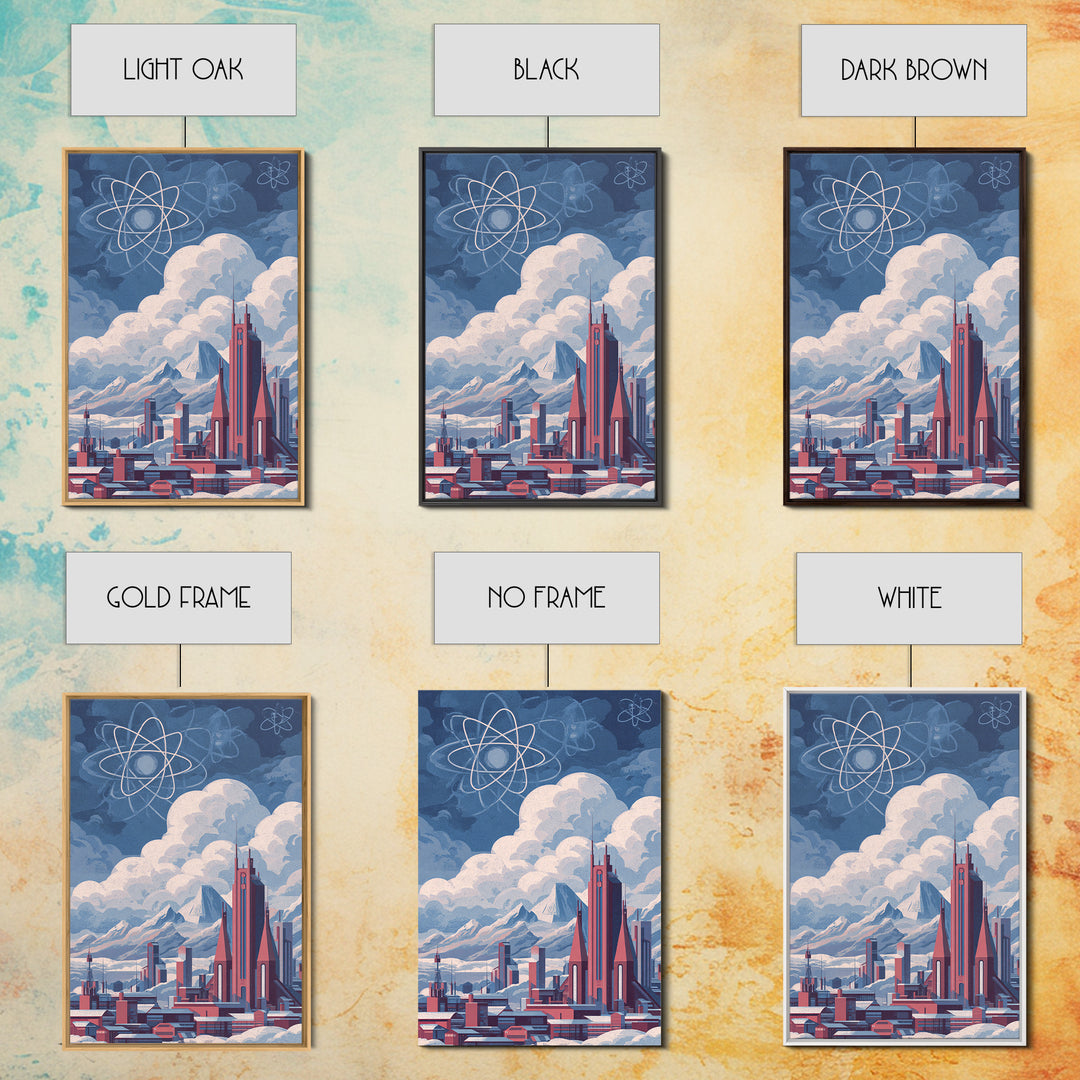 Atomic Futuristic City Under Clouds Wall Art, Retro Sci Fi Skyline, Midcentury Modern Art, Space Age Decor, MCM Poster Prints