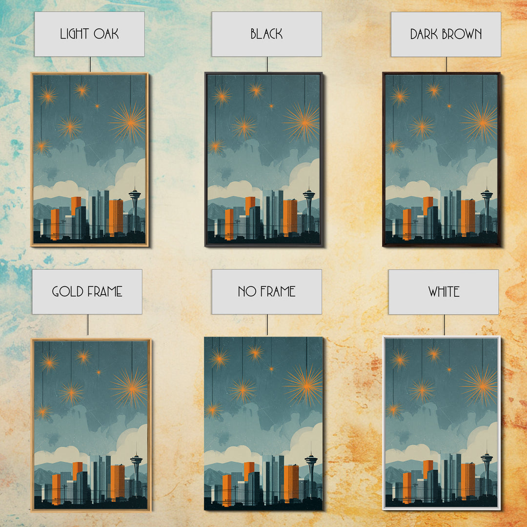 Seattle Skyline With Orange Starbursts Wall Art, Midcentury Modern Decor, Space Needle Print, Retro Cityscape Poster Home Decor