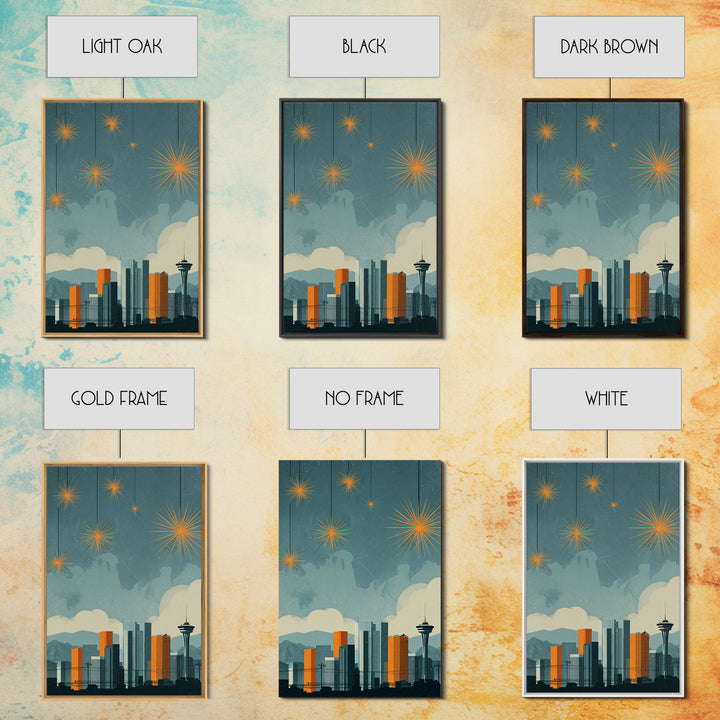 Seattle Skyline With Orange Starbursts Wall Art, Midcentury Modern Decor, Space Needle Print, Retro Cityscape Poster Home Decor