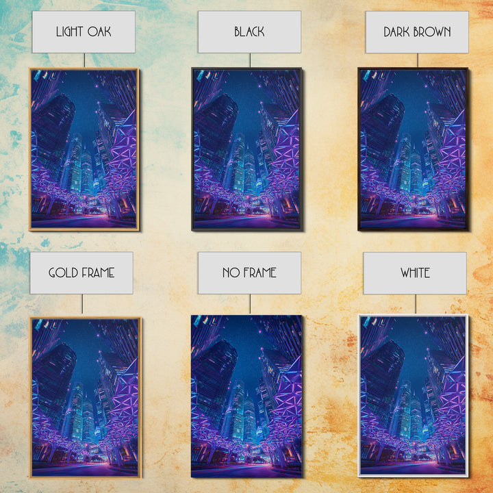 Neon Cyberpunk Skyscraper City Canvas Print, Modern Wall Art, Blue Purple Urban Night Poster Print, Contemporary Office Decor