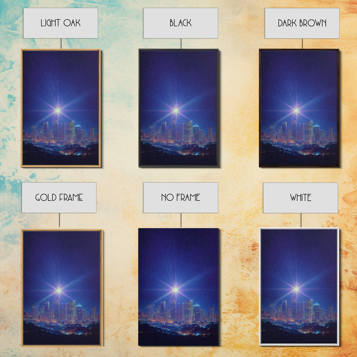 Bright Star Over Night Skyline Canvas Print, Modern Wall Art, Blue City Lights Poster, Space Abstract Art, Bedroom Decor Print