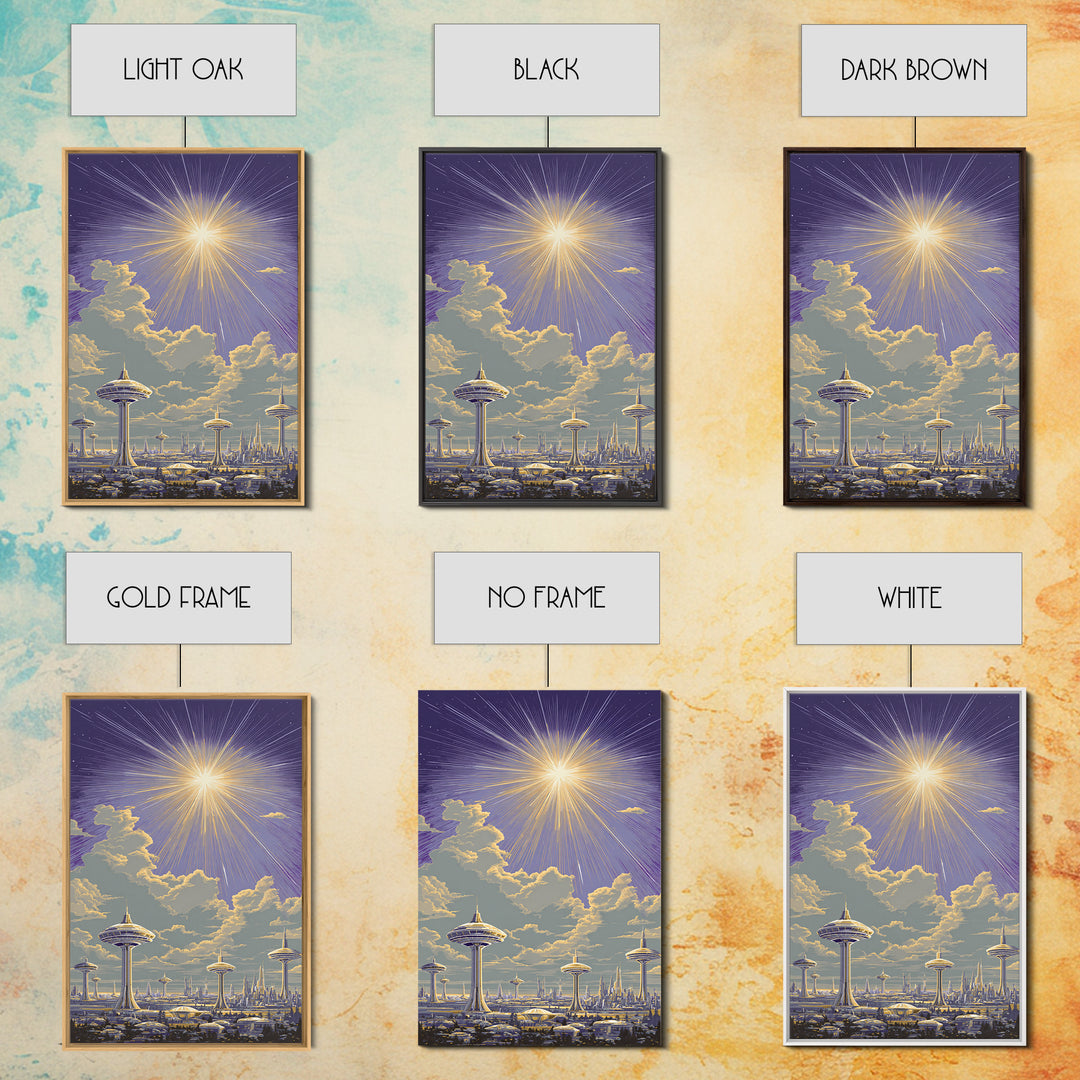 Futuristic Utopia City With Radiant Sun Canvas Print, Retro Sci Fi Wall Art, Space Age Skyline, Modern Home Decor Office Poster Print