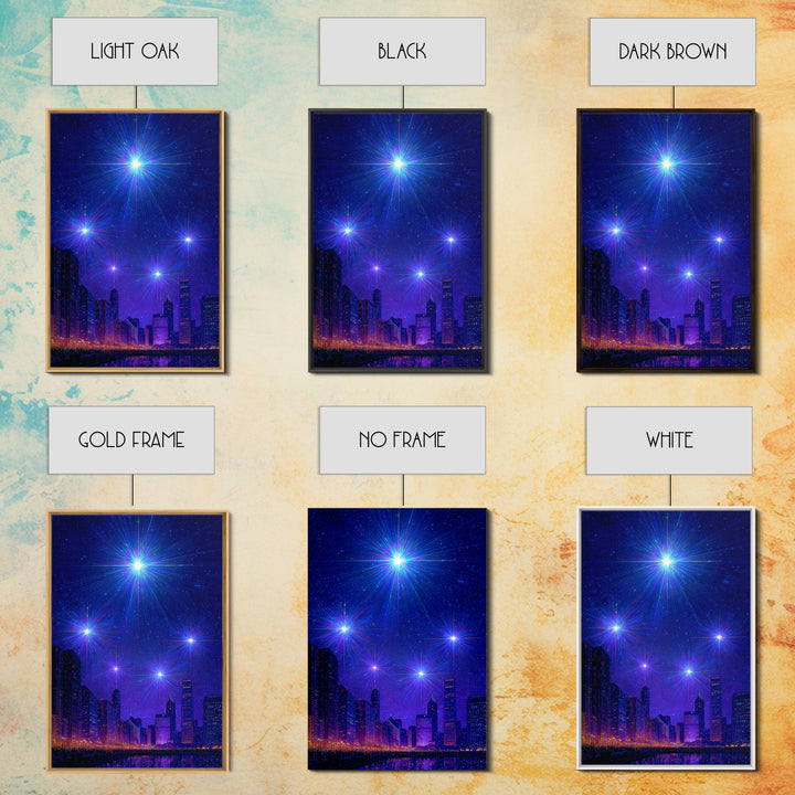 Blue Purple Starburst Night Skyline Wall Art, Modern Abstract Art, City Lights Poster, Space Digital Art, Home Office Decor
