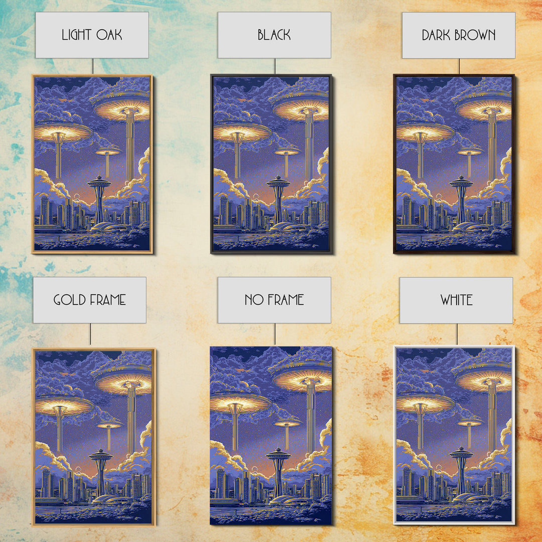 Floating Saucer Towers Above Skyline Framed Canvas Print, Retro Sci Fi Wall Art, Futuristic City Decor, Space Age Poster Print