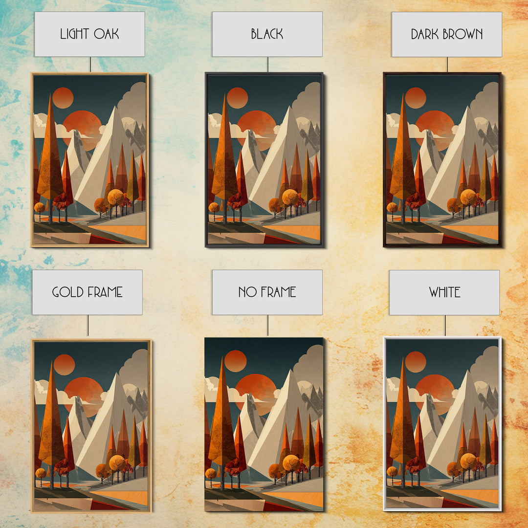 Orange Suns Alpine Peaks Wall Art, Midcentury Modern Mountain Print, Retro Geometric Landscape, MCM Cabin Decor For Living Room