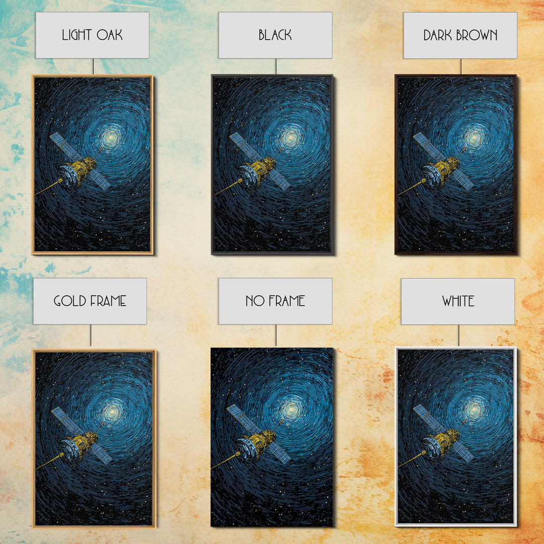 Blue Satellite Drifting Through Star Vortex Canvas Print, Modern Space Wall Art, Sci Fi Poster, Astronomy Office Decor Gift