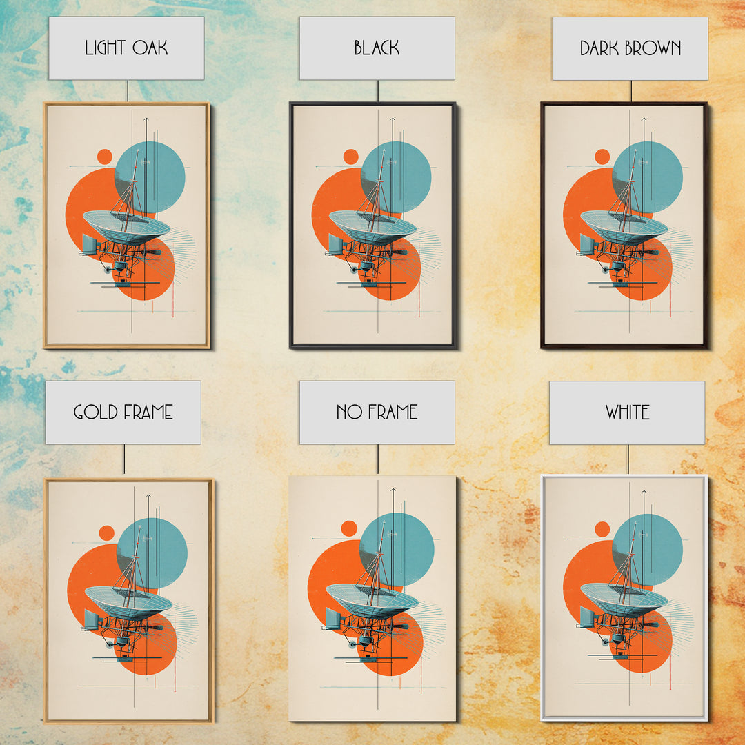 Abstract Radio Telescope With Orange Teal Circles Wall Art, Bauhaus Midcentury Modern Poster, Geometric Office Decor Print