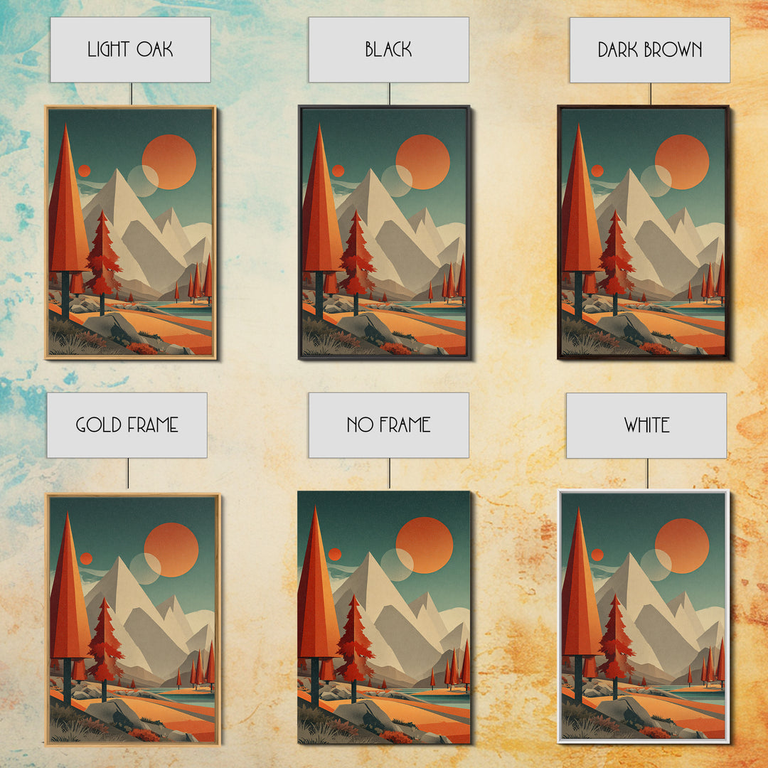 Pyramid Peaks And Orange Suns Framed Canvas Print, Midcentury Modern Alpine Landscape, Retro Mountain Lake Wall Decor For Cabin Living Room