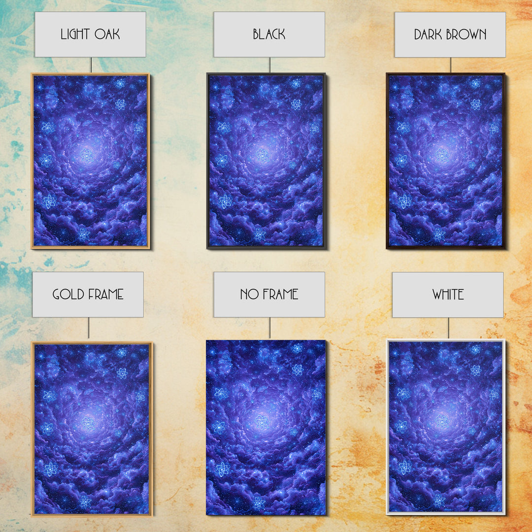 Purple Cosmic Clouds With Atom Symbols Wall Art, Retro Sci Fi Space Poster, Modern Abstract Art, Blue Art Print, Dorm Decor