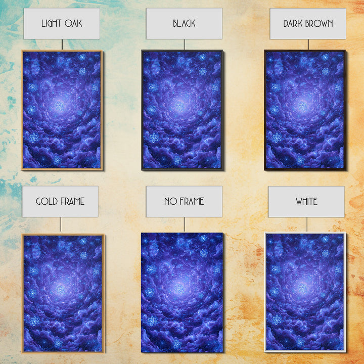 Purple Cosmic Clouds With Atom Symbols Wall Art, Retro Sci Fi Space Poster, Modern Abstract Art, Blue Art Print, Dorm Decor