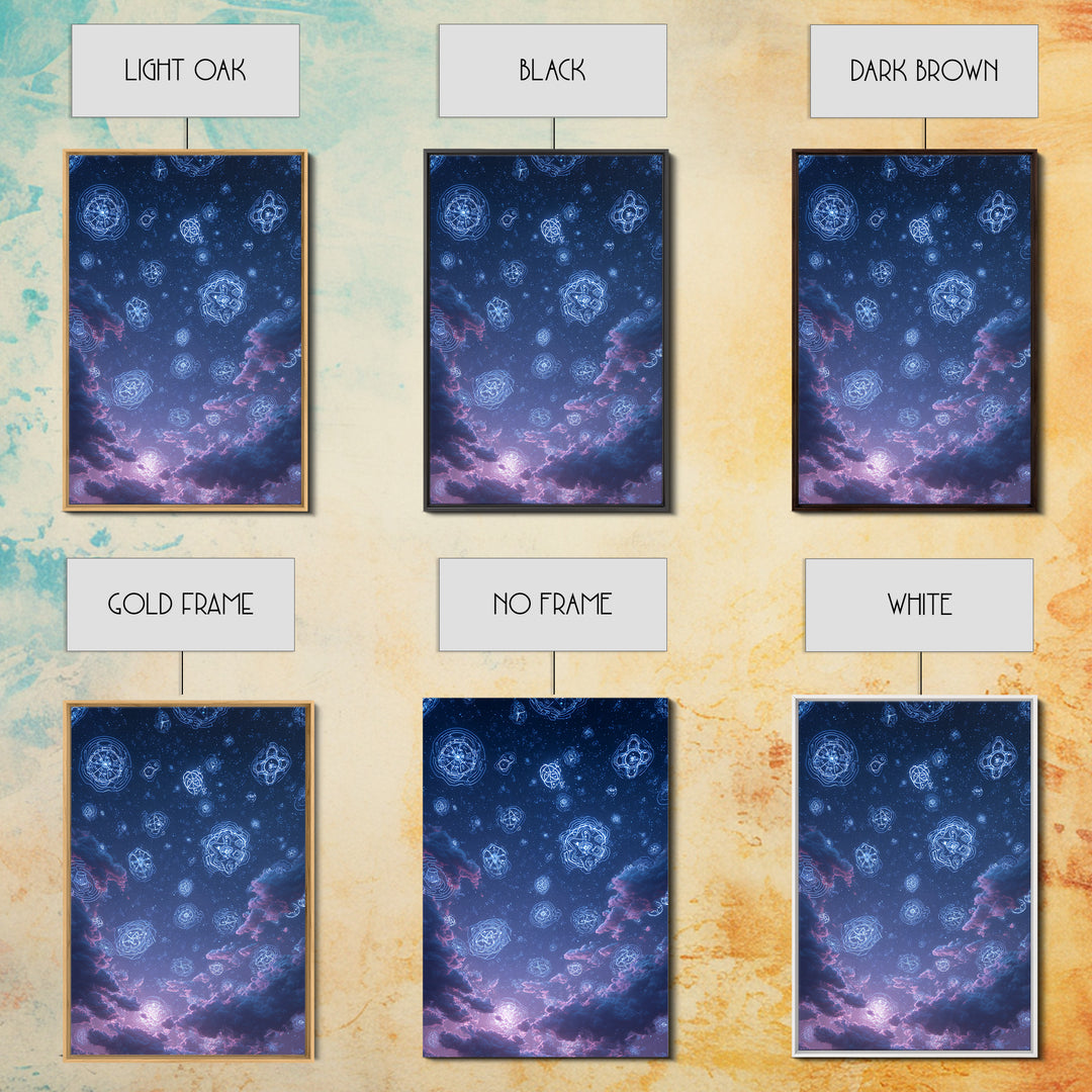 Glowing Celestial Glyphs In Starry Clouds Wall Art, Mystical Space Abstract Poster, Modern Wall Decor, Blue Cosmic Art Print