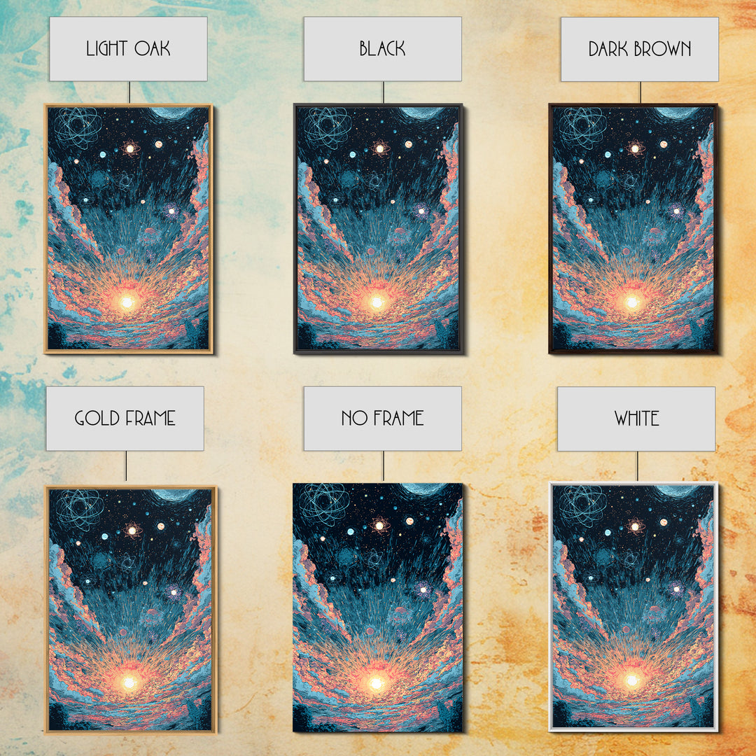 Retro Space Sunrise With Planets And Atoms Canvas Print, Midcentury Modern Art, Atomic Poster, Colorful Wall Decor, Retro Art Print