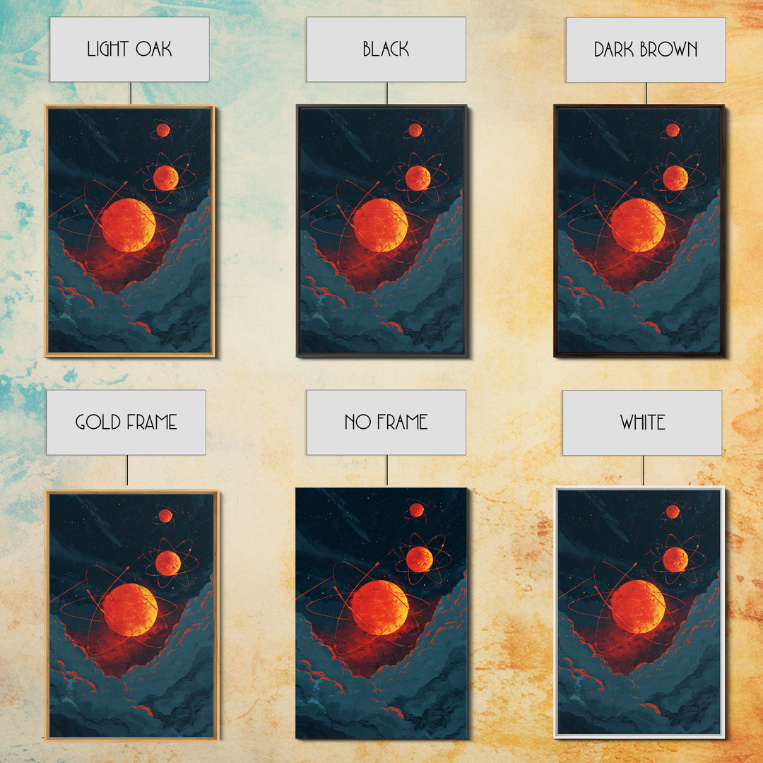 Fiery Red Atomic Planets In Dark Clouds Wall Art, Retro Sci Fi Poster, Modern Abstract Art, Orange Black Space Decor, Mcm Wall Art