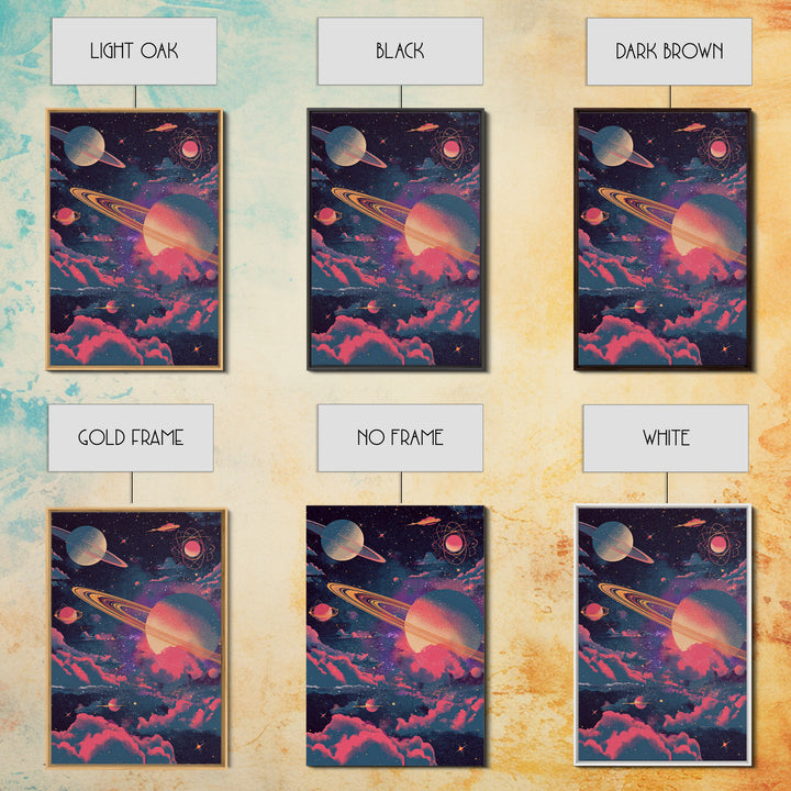 Neon Saturn Planets Above Pink Clouds Framed Canvas Print, Retro Space Poster, Modern Wall Art, Cosmic Home Decor, 70s Art Print