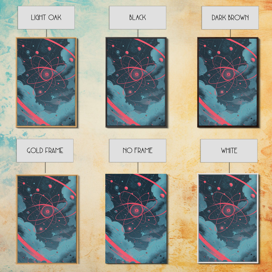Neon Pink Atom Orbit In Teal Space Canvas Print, Atomic Retro Poster, Modern Abstract Art, Geometric Wall Decor, Mcm Artwork