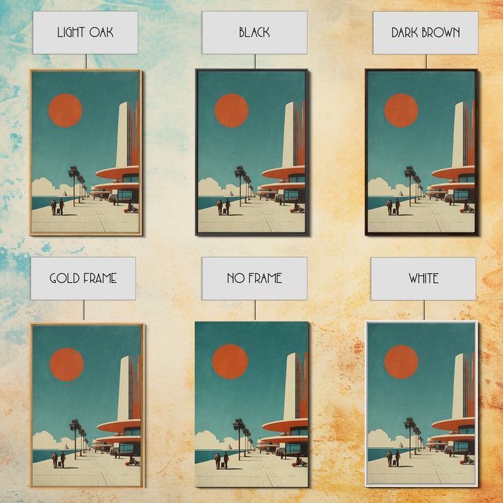 Midcentury Seaside Promenade With Orange Sun Framed Canvas Print, Palm Springs Art, Retro Travel Poster, Modern Wall Decor