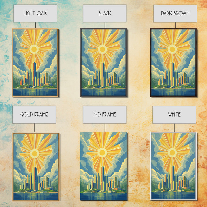 Radiant Futuristic City Sunrise Wall Art, Midcentury Modern Art Print, Retro Skyline Poster, MCM Wall Decor, Living Room Decor