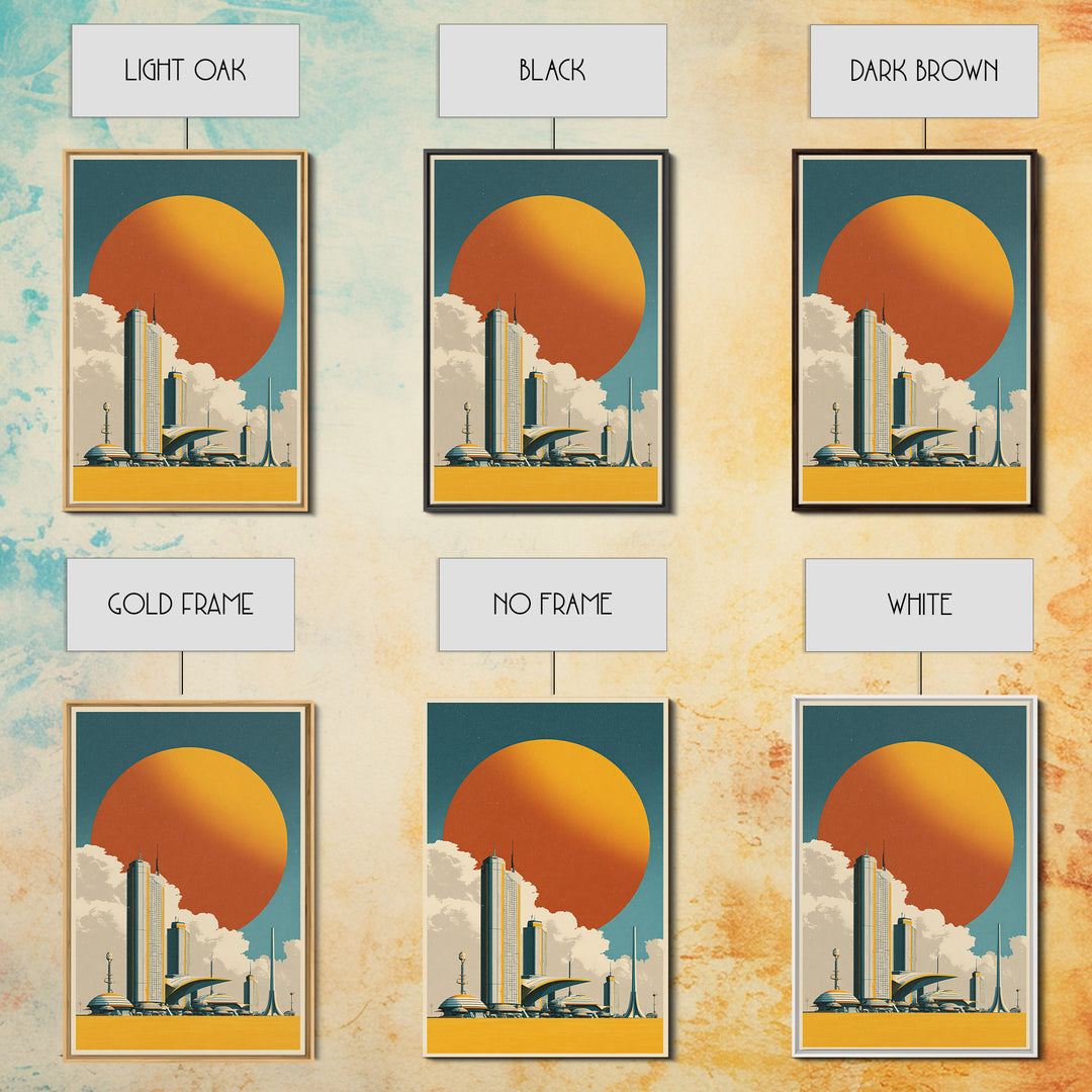 Futuristic City Under Orange Sun Framed Canvas Print, Midcentury Modern Wall Art, Retro Sci Fi Poster, Living Room Decor