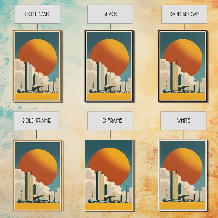 Futuristic City Under Orange Sun Framed Canvas Print, Midcentury Modern Wall Art, Retro Sci Fi Poster, Living Room Decor