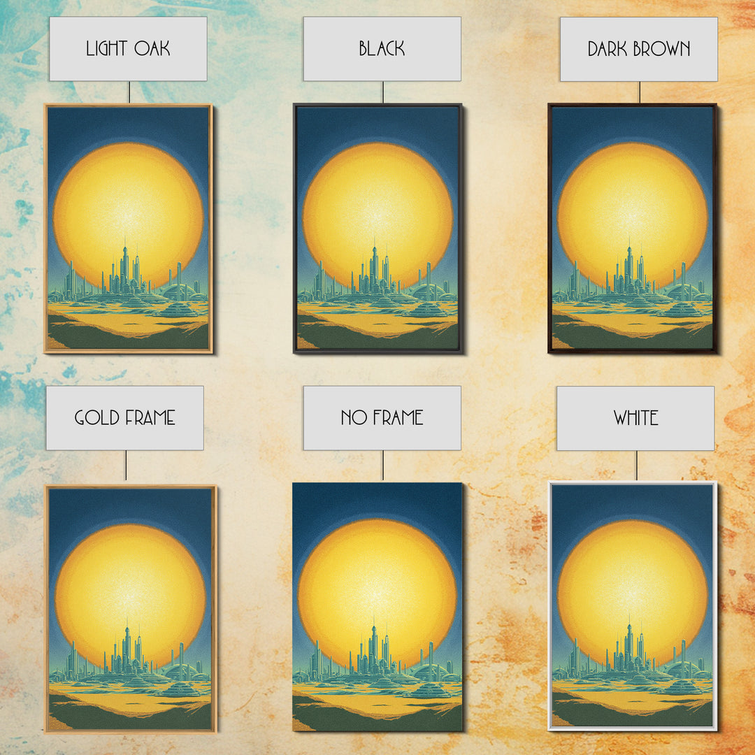 Golden Sun Futuristic Desert Skyline Canvas Print, Midcentury Modern Wall Art, Retro Sci Fi Poster, Modern Living Room Decor