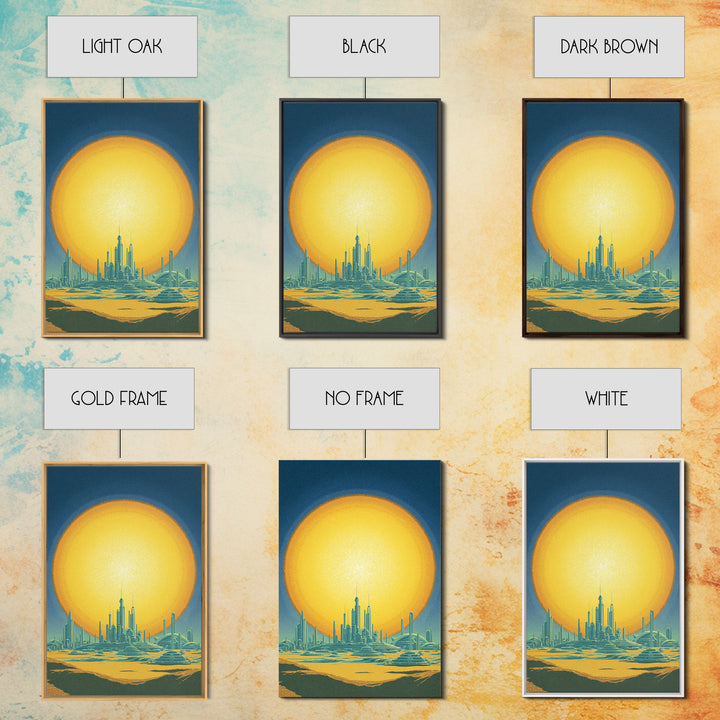 Golden Sun Futuristic Desert Skyline Canvas Print, Midcentury Modern Wall Art, Retro Sci Fi Poster, Modern Living Room Decor