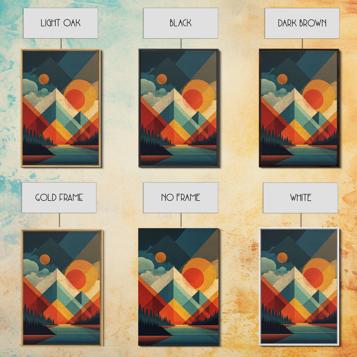 Geometric Mountain Lake Wall Art, Midcentury Modern Abstract Landscape Print, Orange Sun MCM Poster For Living Room Home Decor